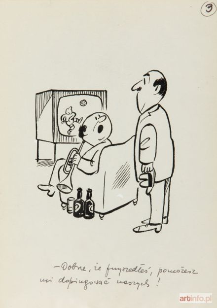 MIKLASZEWSKI Gwidon | Dobrze, że ty przyszedłeś pomożesz mi dopingować naszych! - ilustracja satyryczna do Tygodnika Polskiego, lata 80. XX w.