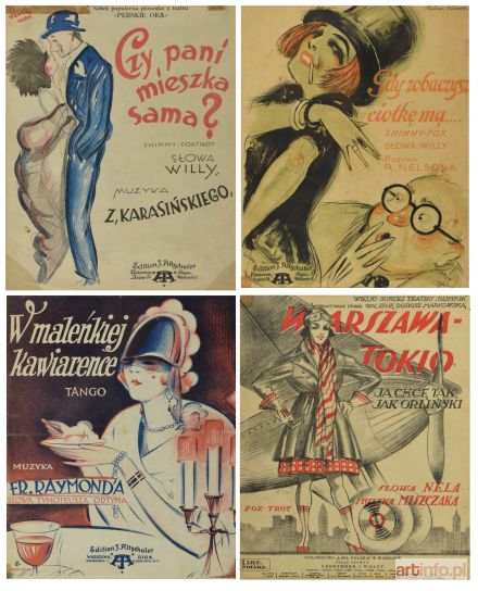 Cztery zeszyty nutowe art déco ze słynnymi przebojami - ilustracje znanych rysowników