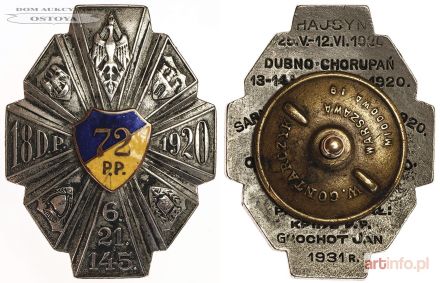 ODZNAKA PAMIĄTKOWA 72 PUŁKU PIECHOTY wz. 1937, oficerska