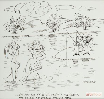 LENGREN Zbigniew | - Spójrz na tych idiotów z wędkami, przecież tu wcale nie ma ryb, ilustracja satyryczna, lata 70./80. XX w.