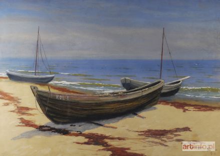 JAXA-MAŁACHOWSKI Soter | Pejzaż morski z łodziami rybackimi, 1937